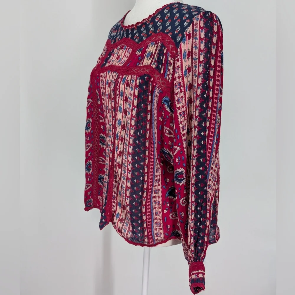 Anthropologie Red Navy Blue Boho Long Sleeve Gretchen Patchwork Lace Blouse 12 - Picture 5 of 8
